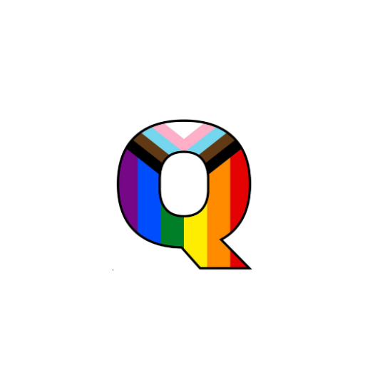 A capitol letter "Q" in the colors of the Progressive Pride Flag